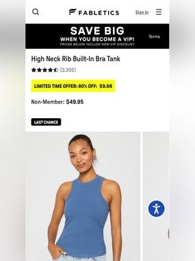 Fabletics Ribbed High-Neck Tank with Built-In Bra — Blue